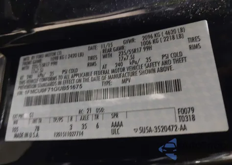 2016 Ford Escape S z USA, uszkodzony, nr VIN 1FMCU0F71GUB51675